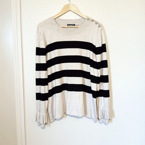 Karl Lagerfeld Sweaters - Karl Lagerfeld Paris striped long sleeve chic pearl shoulder pullover sweater